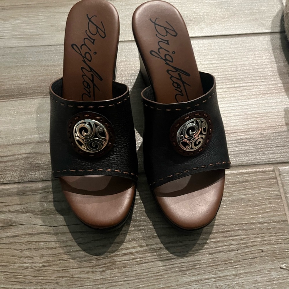 Brighton Black Slide Mules with Silver Medallion
